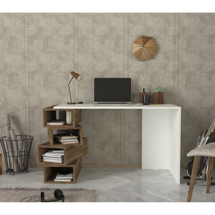 Birou Geo BrownSpace, UnicUtil®, 130 x 60 x 75 cm, Design Profesional pentru Studii sau Gaming, Blat Spatios si Finisaj Lemn Maro-Alb, Stil Geometric Functional