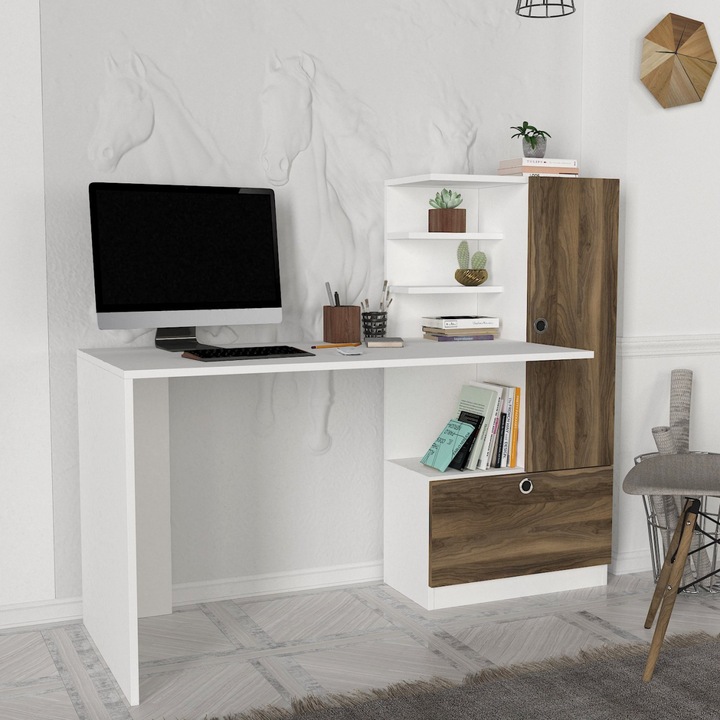 Birou, UnicUtil®, Birou Copii BrownSpace, Smart, 149.5 x 61.8 x 120 cm, Birou Pliabil, Suport Monitor, Design Modern, Montare Usoara si Structura Stabilia, Ideal pentru Office sau Acasa, Mobilier Functional si Practic, Alb