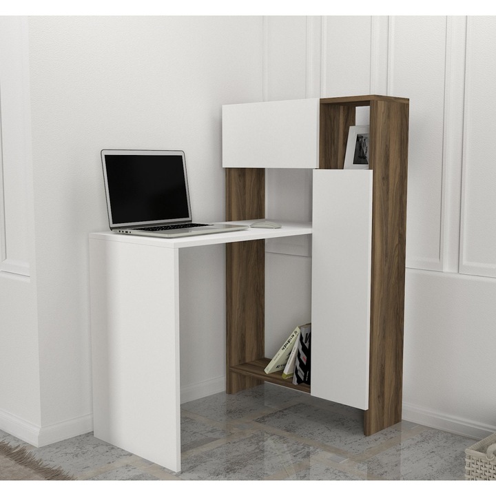 Birou Power Style, UnicUtil®, 90 x 72.1 x 120 cm, Structura Cuprinzatoare cu Rafturi Laterale, Design Compact si Elegant pentru Acasa sau Birou, Alb si Maro