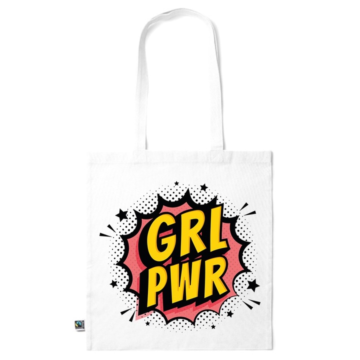 Go For It Shopper fazonú pamut táska mintával, Girl Power, 38×42cm, Fehér, WH-KI237