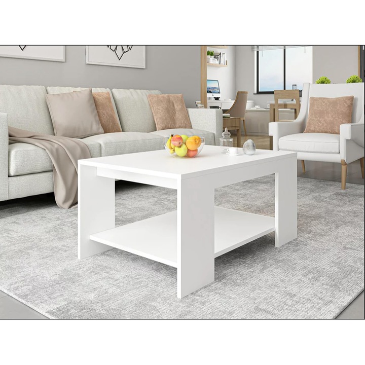 Холна маса 90х60 см, изработена от 18 мм бял гланциран МДФ, на Mobleto, с място за съхранение, изчистен дизайн