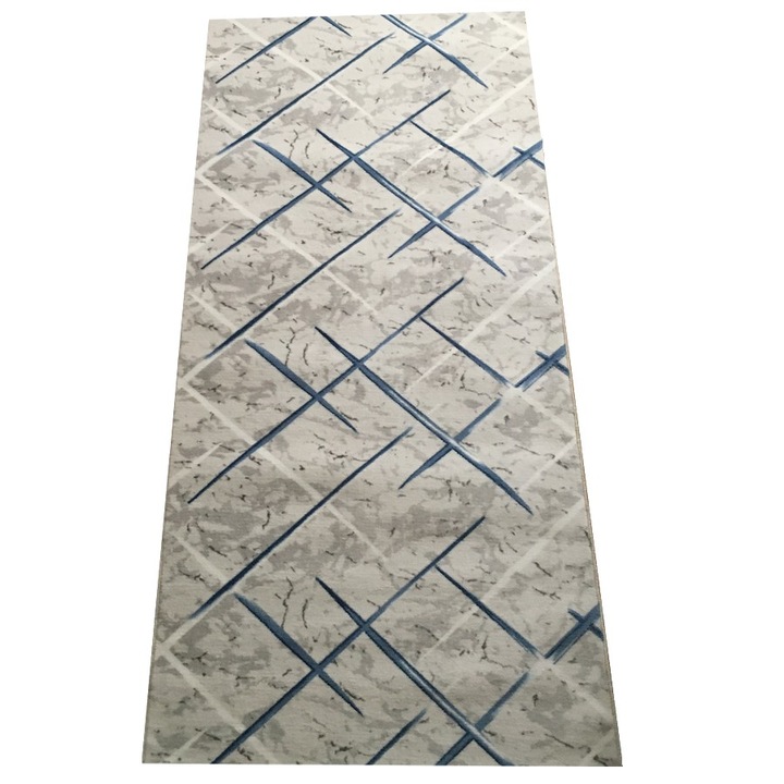 Covor Antiderapant Harmony, Gri cu Albastru, Poliester, 60 x 240 cm