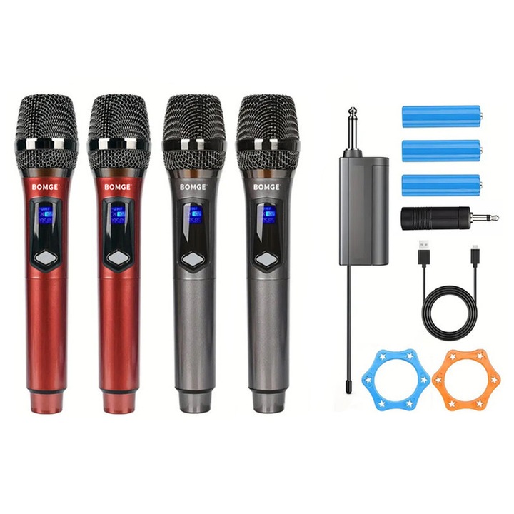 Microfon fara fir Microfon wireless BOMGE BG480, Receiver wireless, dinamic, compatibilitate larga, cu 4 Microfon wireless de mana, cu Receiver Jack 6,35mm, Baterie reincarcabila, Plug and Play, Pentru karaoke acasa, intalnire, cablu usb, Rosu Gri