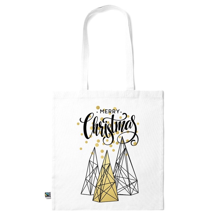 Intelli® Sacosa памучна еко-чанта за пазаруване с дълги дръжки, Merry Christmas, 38×42cm, Бяла, WH-KI279