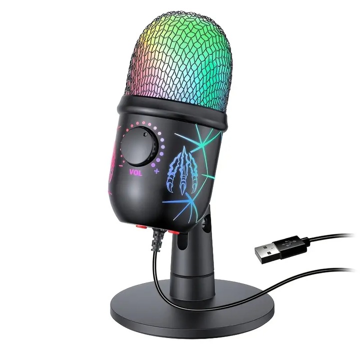 Микрофон BOMGE, кондензаторен, компютърен, RGB, намаляване на шума, наблюдение в реално време, бутон за изключване на звука, черен, 30Hz-18kHz