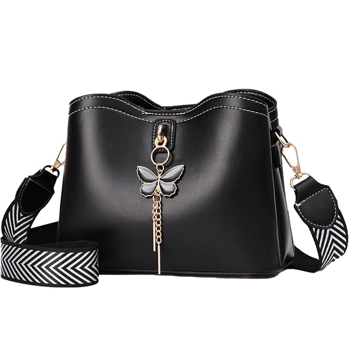 Jormftte válltáska, pillangó mintás, fekete, 23x11x18cm, 1 db-os készlet