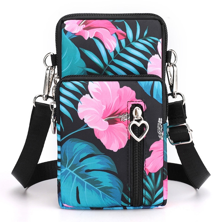 Női telefontartó táska, mini, váll, nylon, virágos, tarka, 19x10x6cm