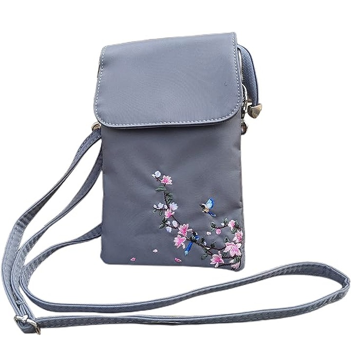 Női telefontartó válltáska, szürke, nylon hímzéssel, 20x13x2cm