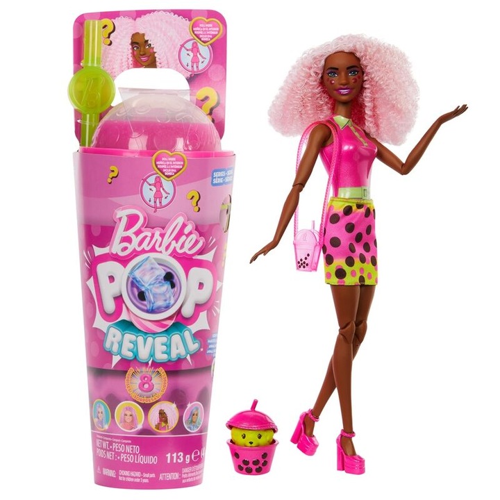 Papusa, Mattel, Barbie Pop Reveal Bubble Tea Berry, Parfumata, Functie De Schimbare A Culorii, Accesorii Surpriza