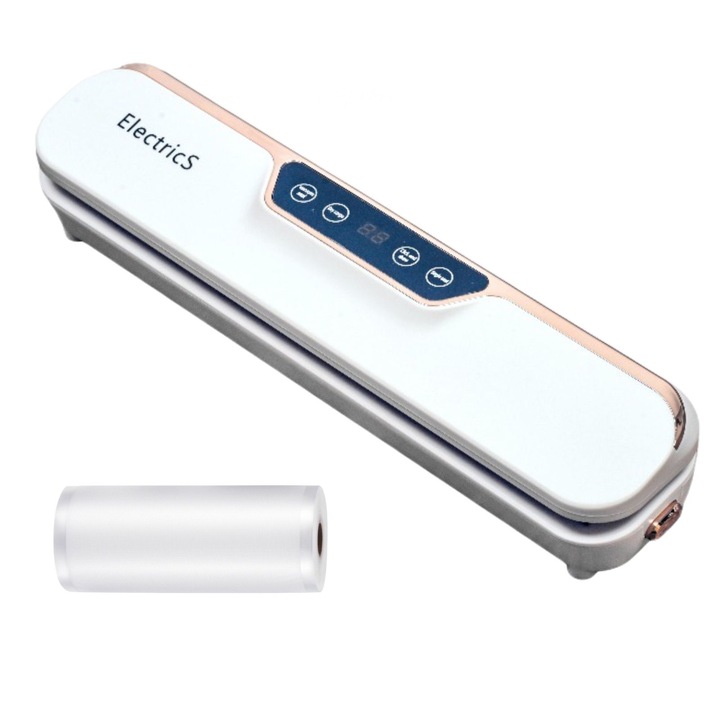 Aparat de vidat si sigilat alimente ElectricS®, EL410A cu 10 pungi incluse, 28 cm banda de lipre, Alb