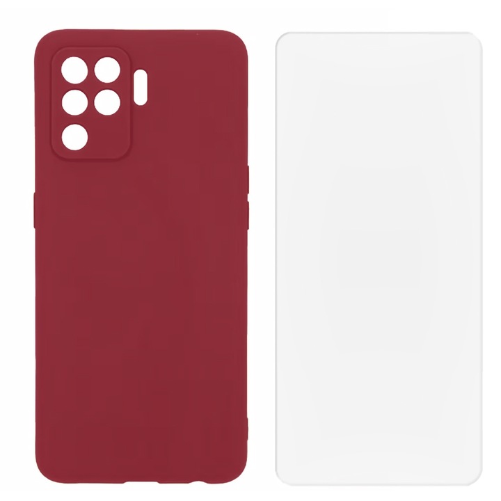 Set Protectie compatibil cu Oppo Reno5 Lite, Husa de Silicon cu Microfibra FONIX BloomShield si Folie de Silicon Regenerabila, Ultra-rezistent, Protectie Camera, Margini Ridicate, Ultra-Subtire, Visiniu