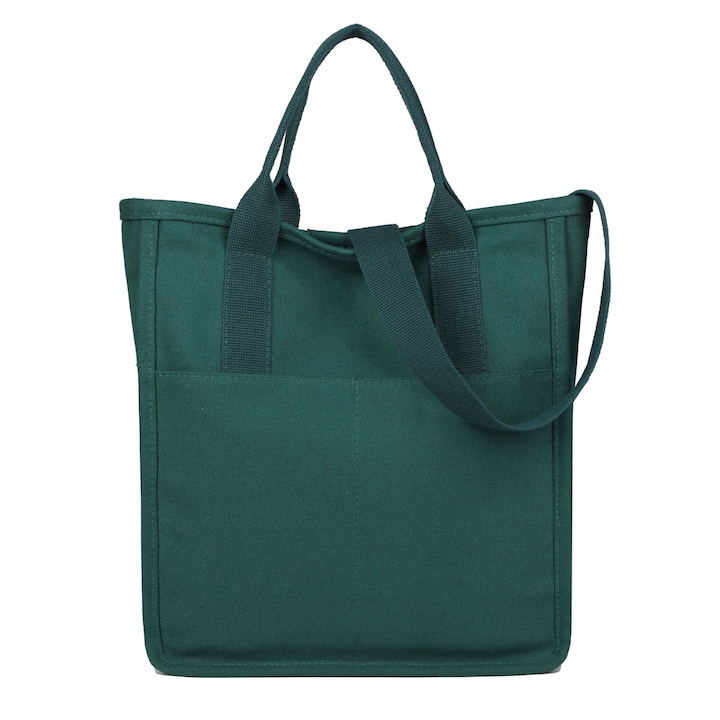 Jormftte vászon bevásárlótáska, fehér/fekete/zöld, 3 külső zseb, 2 belső zseb, 30x33x12cm