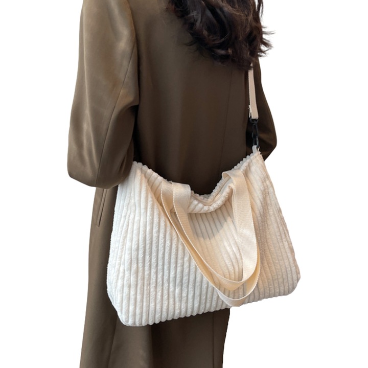 Jormftte válltáska, kordbársony, nagy kapacitású, törtfehér/fekete, 37x29x12cm