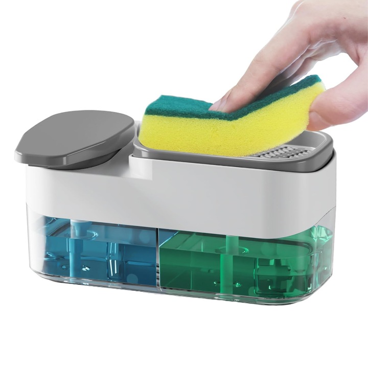 Дозатор за сапун, с поставка за гъби, комплект 2 в 1, сиво-бял, 20x10x11.1см