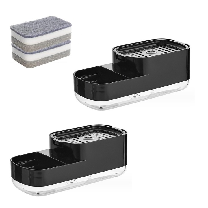 2 db-os 2 az 1-ben szappanadagoló készlet szivacstartóval, mosogatórendszerezővel, fekete