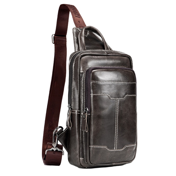 Férfi táska Jormftte, valódi bőr, sötétbarna, 17x7.5x28cm, állítható pánt, multifunkcionális