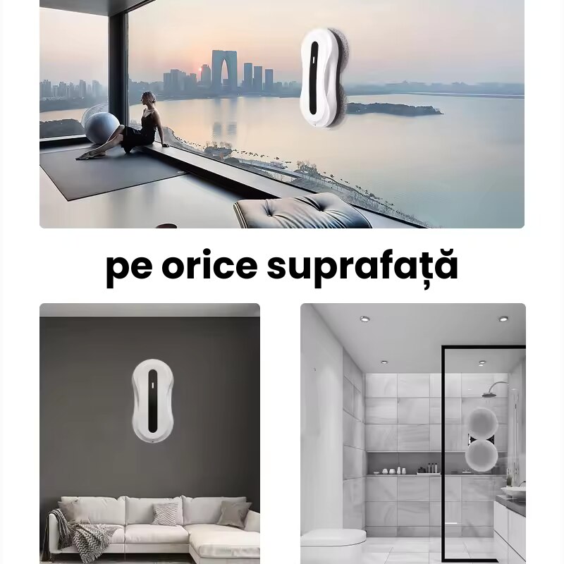 Robot curatare geamuri, 2 pulverizatoare, Control aplicatie, Telecomanda, Lavete de rezerva