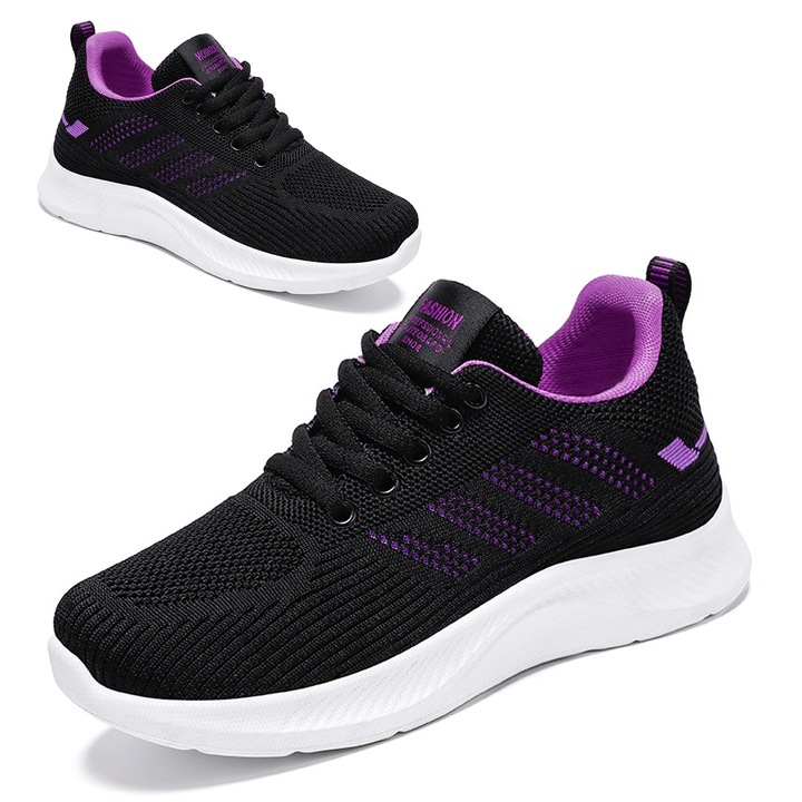 Pantofi de tenis cu platforma pentru femei, PVC/Panza, Negru/Mov, Negru/Mov