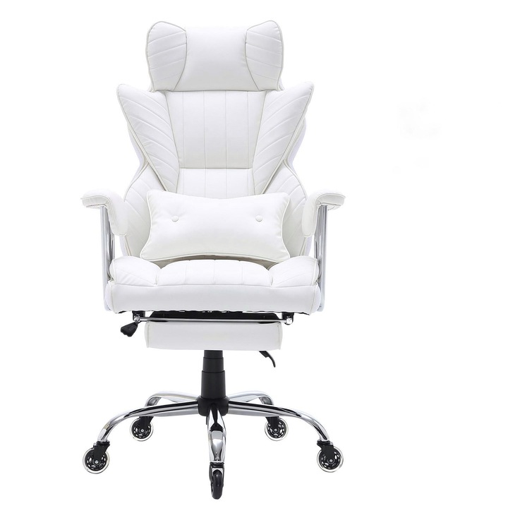 Scaun de Birou Ergonomic, cu Suport Lombar si Suport Picioare, Spatar Inalt, 65 x 74 x 59 cm, Capacitate 158 de Kg, Din Piele PU, Alb