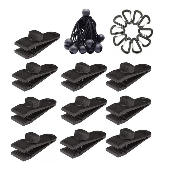 Set 30 Cleme pentru camping, AMRINUGL, material rezistent la intemperii, usor de instalat, negru
