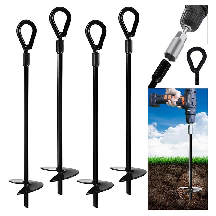Kit de ancorare cort AMRINUGL, Otel Solid, 38cm, Rezistent la Vant, Negru