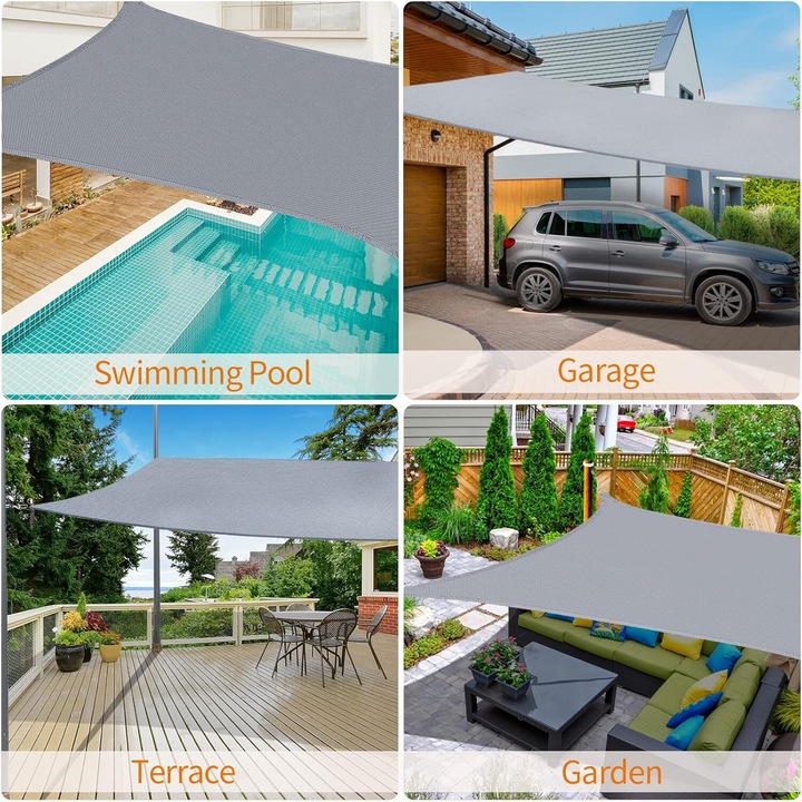 Правоъгълна тента 3 x 4 м, водоустойчива, ветроустойчива, 95% UV защита за вътрешен двор, на открито, градина, сива