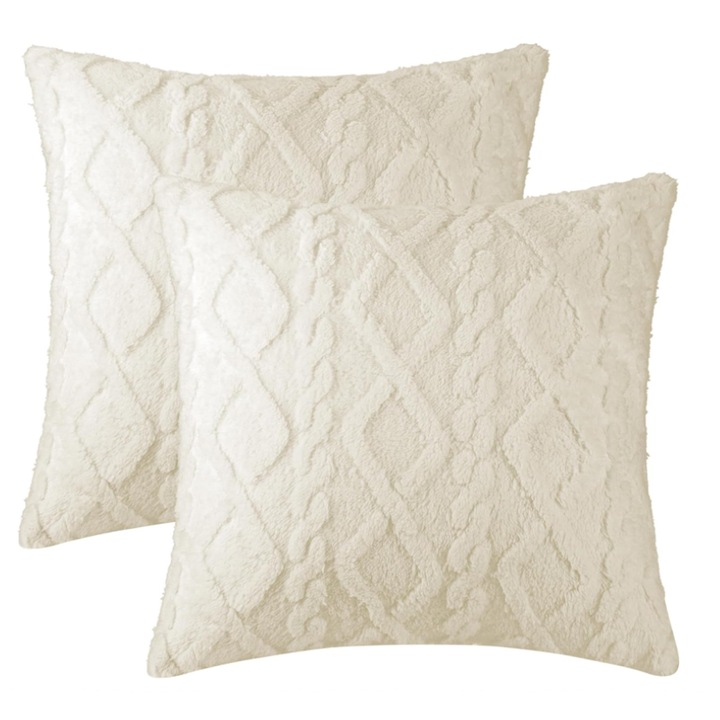 Set 2 fete de perna decorativa, Model geometric, Poliester, 18x18 inch, Crem