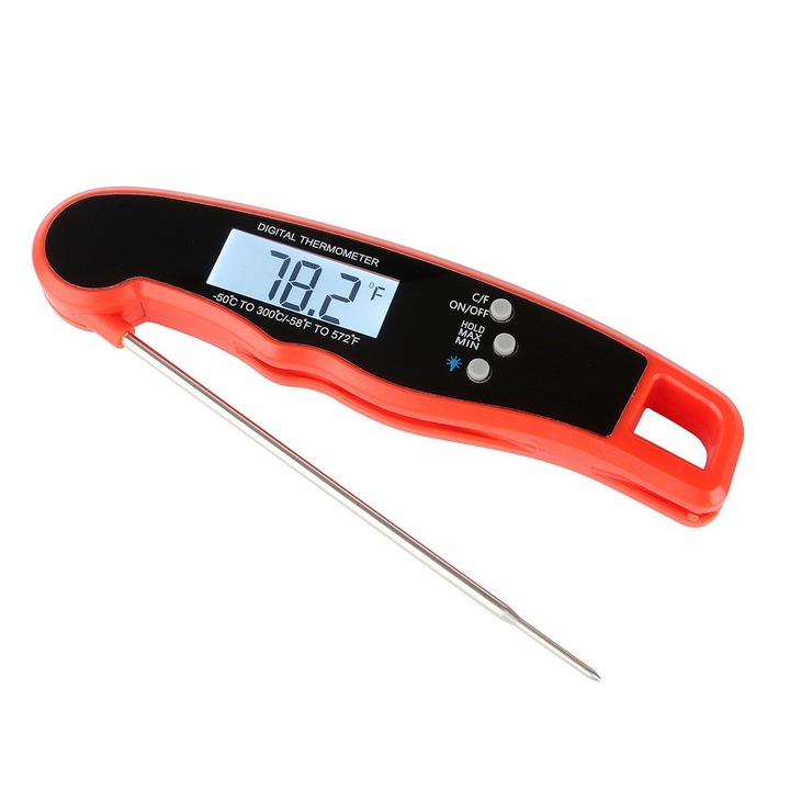 Termometru digital pentru carne, rezistent la apa, citire instantanee 3s, afisaj ambidextru cu iluminare din spate, rosu/negru