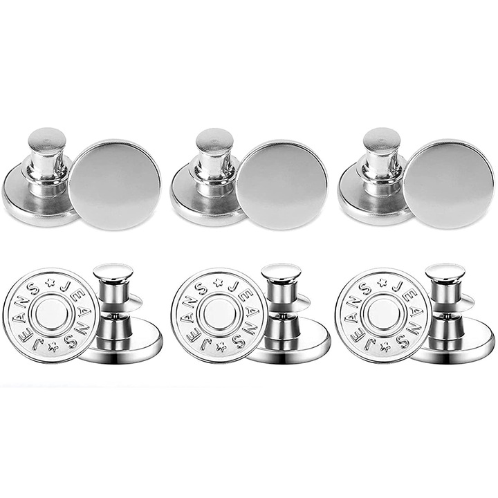 Set 6 nasturi reglabili pentru blugi, Aliaj de zinc, Argintiu