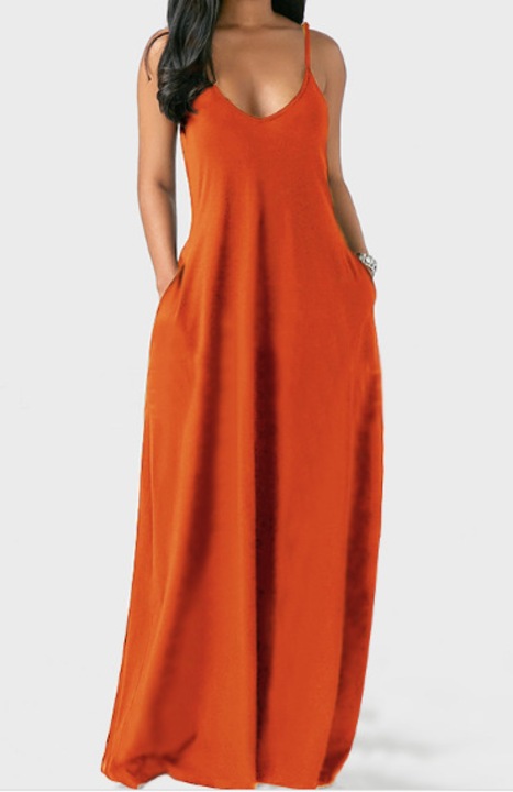 Jormftte maxi ruha, narancssárga, ujjatlan, mély V-nyakú, rugalmas anyag