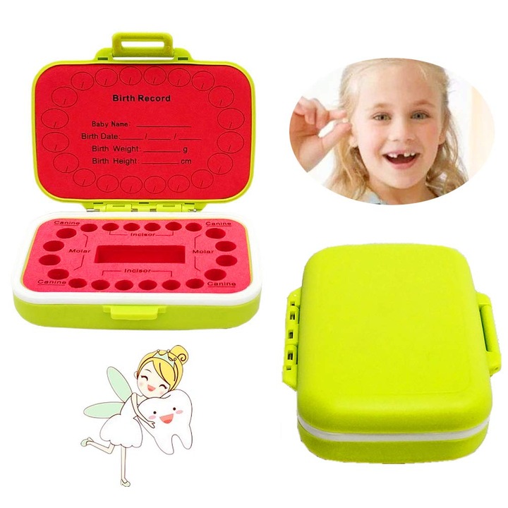 Cutie depozitare dinti de lapte, organizator copii, verde, 12x8x4cm