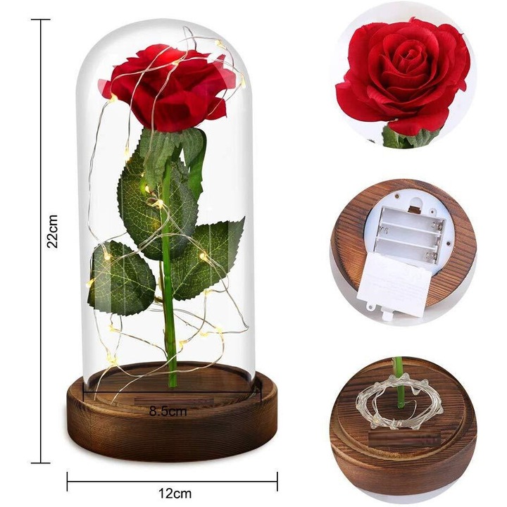 Decoratiune, trandafir rosu, lumina LED, sticla