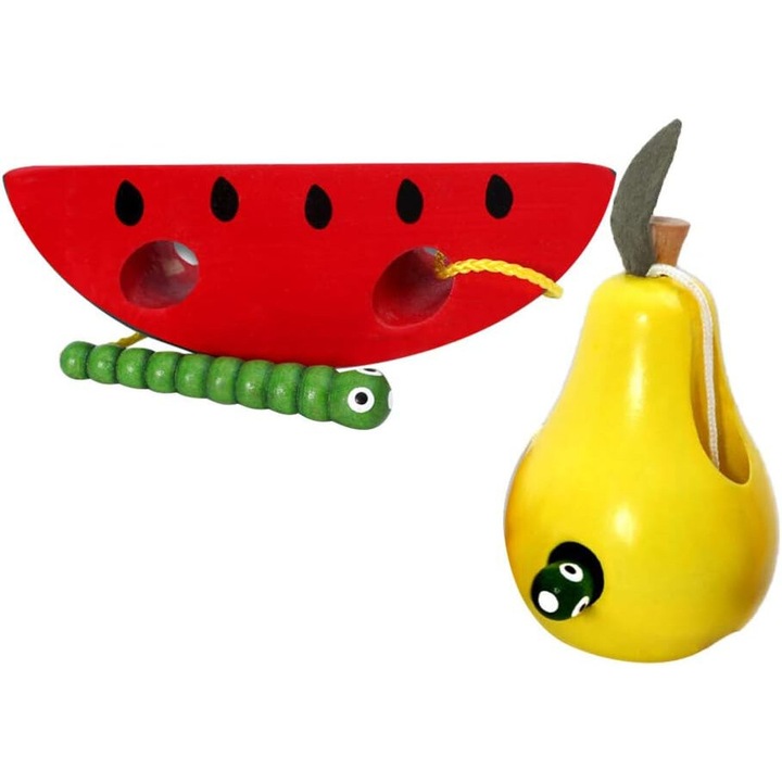 Jucarie cu siret, lemn, pentru dezvoltarea abilitatilor motorii fine, model para si pepene, multicolor, 30x15cm
