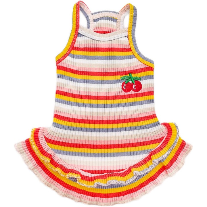 Rochie pentru animale de companie, dungi, cires decorativ, bumbac moale, multicolor, pentru caini si pisici mici si medii