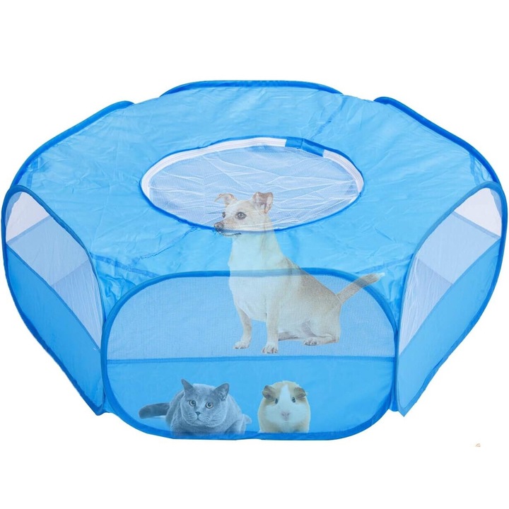 Összecsukható toll kisállatoknak, tetővel és cipzárral, légáteresztő, kék, 120x60x38cm