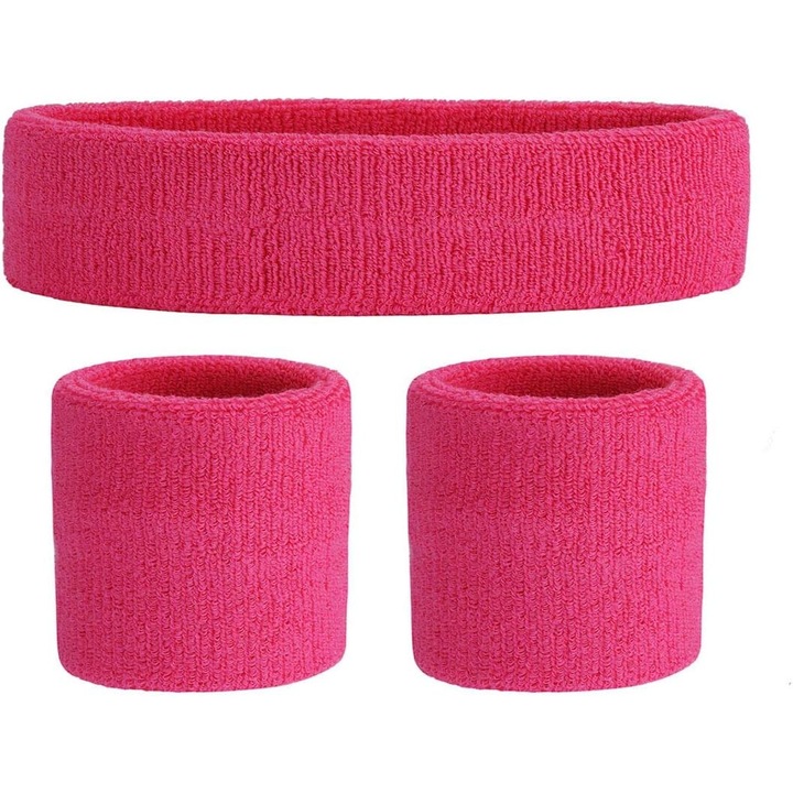 Set bandana pentru cap si incheieturi sport, bumbac, absorbtie rapida, roz, 3 piese