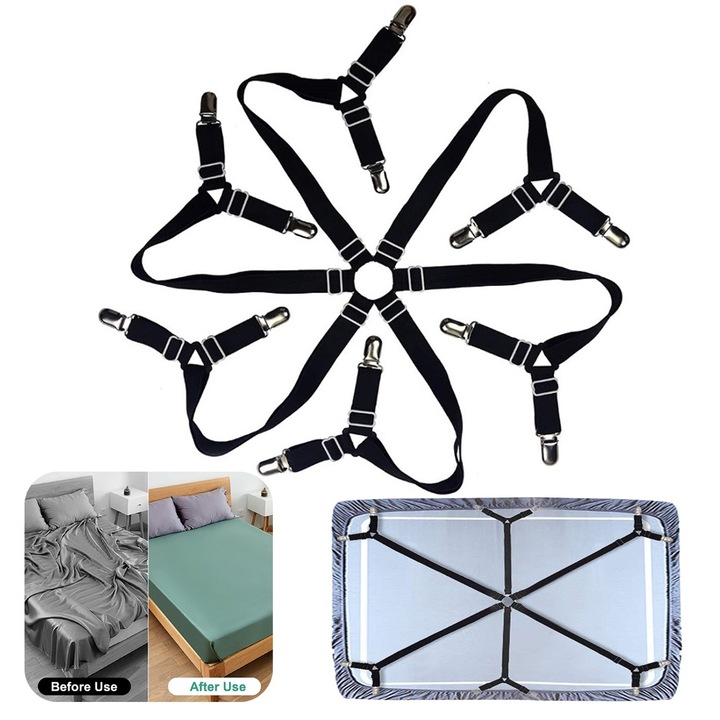 Set cleme ajustabile pentru lenjeria de pat, negru, 6 laturi