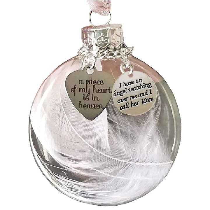 Ornament de Craciun, Enforose, glob cu pene, alb, 10x10cm