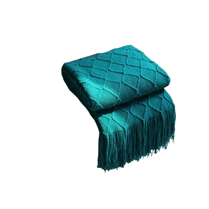 Patura tricotata cu franjuri, Model nordic, Casmir, Monocrom, 125x230cm, Verde inchis