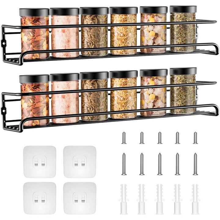 Set de 2 rafturi pentru condimente, montare pe perete sau dulap, negru, 29x6 cm