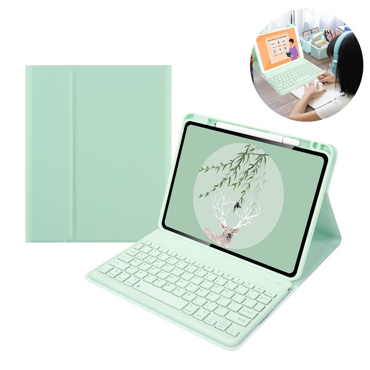 Husa tableta pentru Apple iPad Air 4, piele ecologica, tastatura Bluetooth, verde