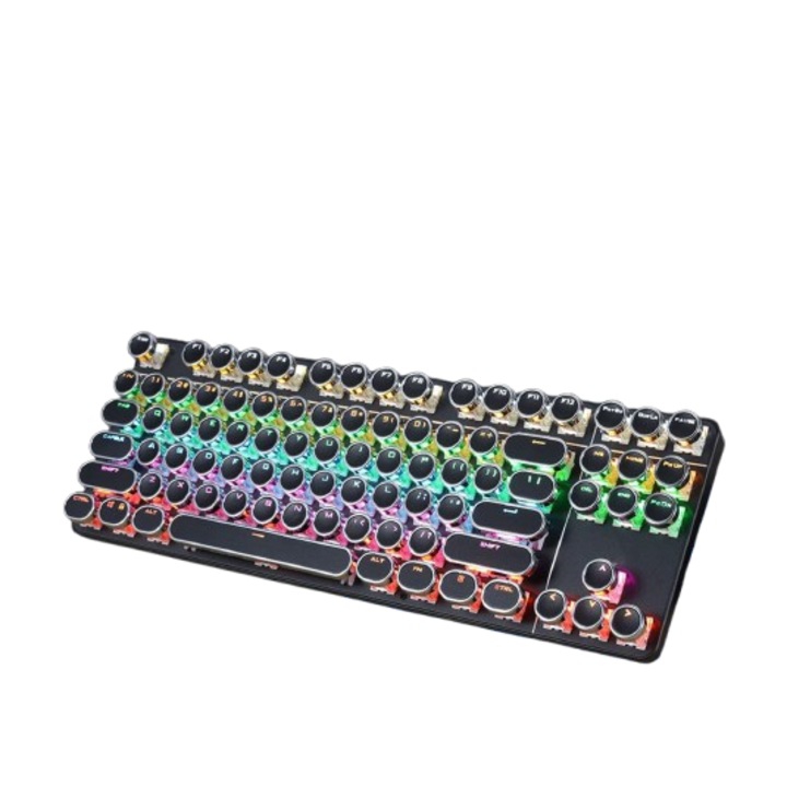Tastatura gaming, LED RGB, taste rotunde, negru, 87 taste, design ergonomic