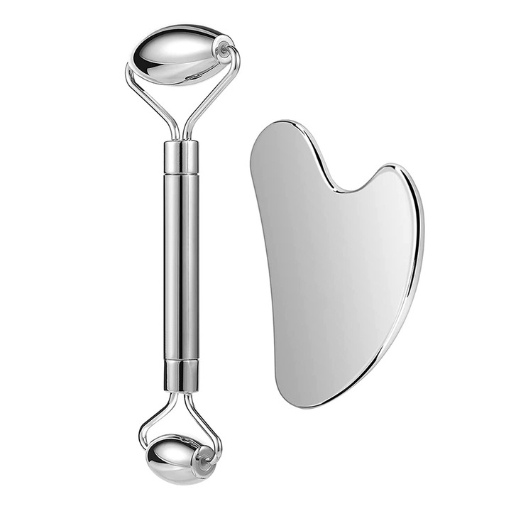 Set de masaj facial din otel inoxidabil, Cozevdnt, roller si gua sha, ajuta la reducerea liniilor fine si umflaturilor, colorat, dimensiuni variate.