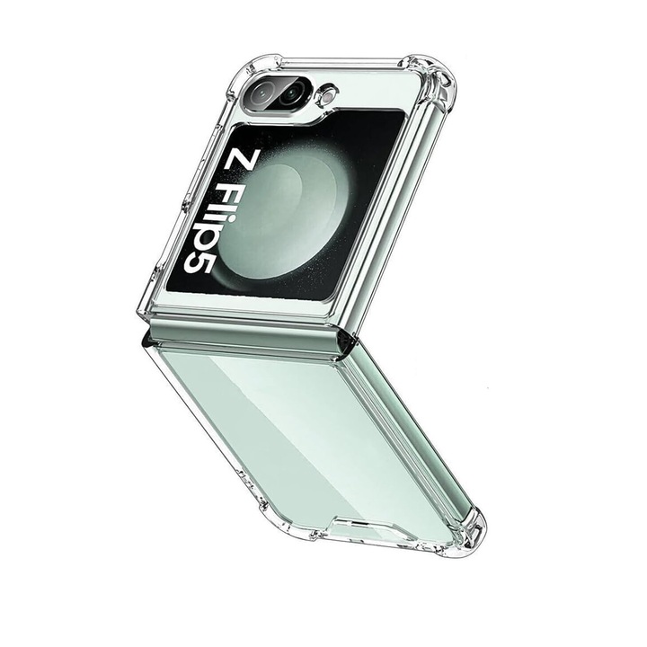 Husa protectie compatibila cu Samsung Galaxy Z Flip 5, Antisoc, Premium Quality, transparenta din silicon si policarbonat, 2 piese