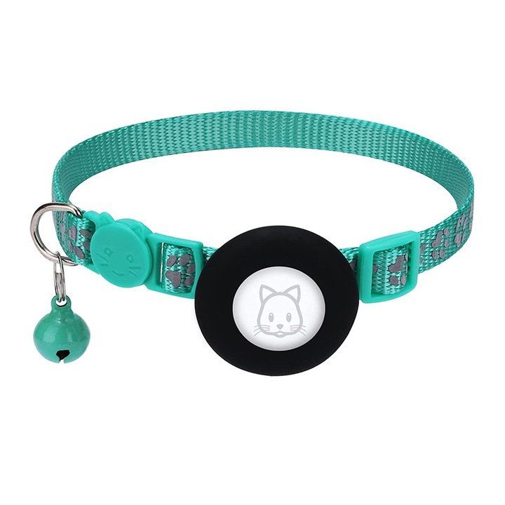 Zgarda reflectorizanta pentru pisici si catei, cu suport Airtag, negru si verde, ajustabila 22-33.5cm