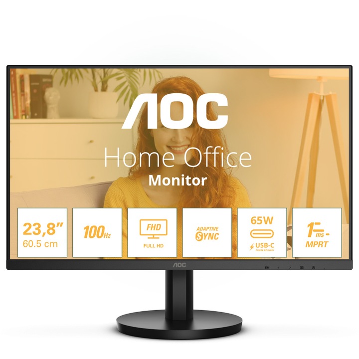 AOC 24B3CA2 monitor, 23,8", IPS, FHD, 100 Hz, 4 ms, 1 ms, FlickerFree, hangszórók 2W x 2, HDMI, USB, hub, USC-C, fekete