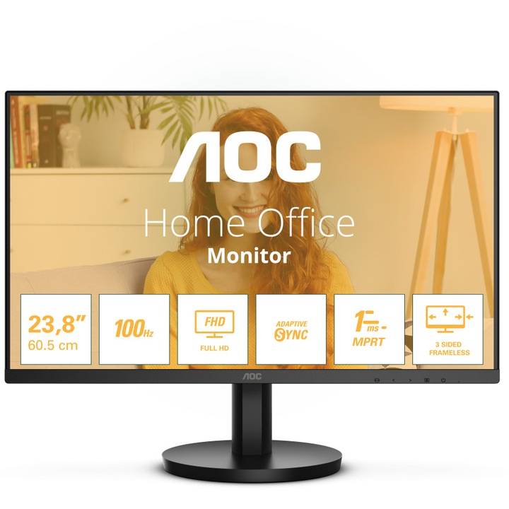 AOC 24B3HMA2 monitor, 23,8", VA, FHD, 100 Hz, 4 ms, 1 ms, FlickerFree, 2 W x 2 hangszóró, HDMI, fekete