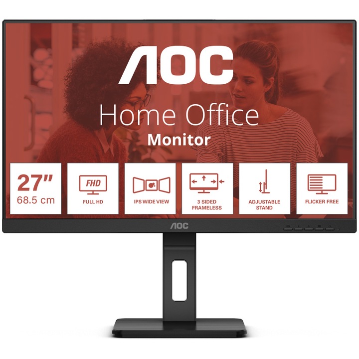 AOC 27E3QAF monitor, 27", IPS, FHD, 75 Hz, 4 ms, FlickerFree, Hangszórók 2W x 2, HA, Pivot, HDMI, DisplayPort, Fekete