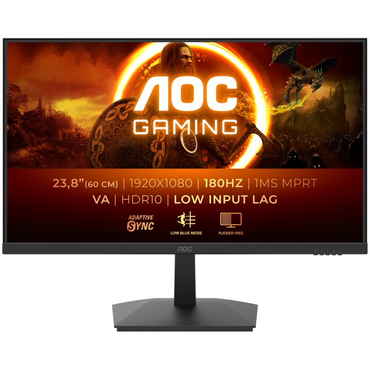 AOC játékmonitor, 23,8", VA, FHD, 180 Hz, 4 ms, 1 ms, HDR10, FlickerFree, HDMI, DisplayPort, 24G15N2, fekete