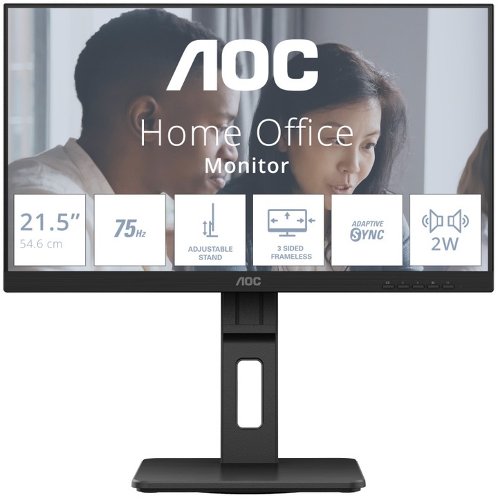 AOC 22E2UMF Monitor, 21.5", VA, FHD, 75Hz, 4ms, FlickerFree, hangszórók 2W x 2, HA, Pivot, HDMI, DisplayPort, USB, hub, fekete